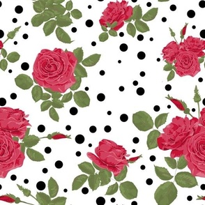 Red roses on a white background with black polka dots . 