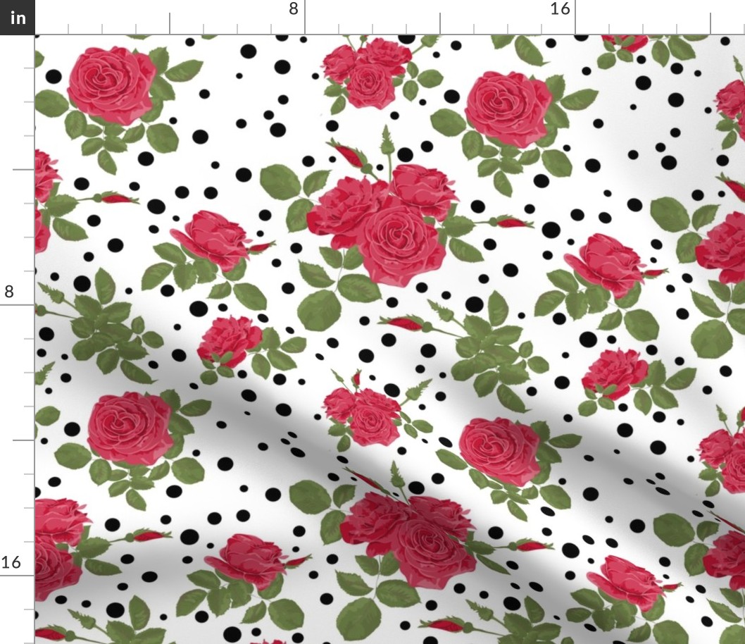 Red roses on a white background with black polka dots . 