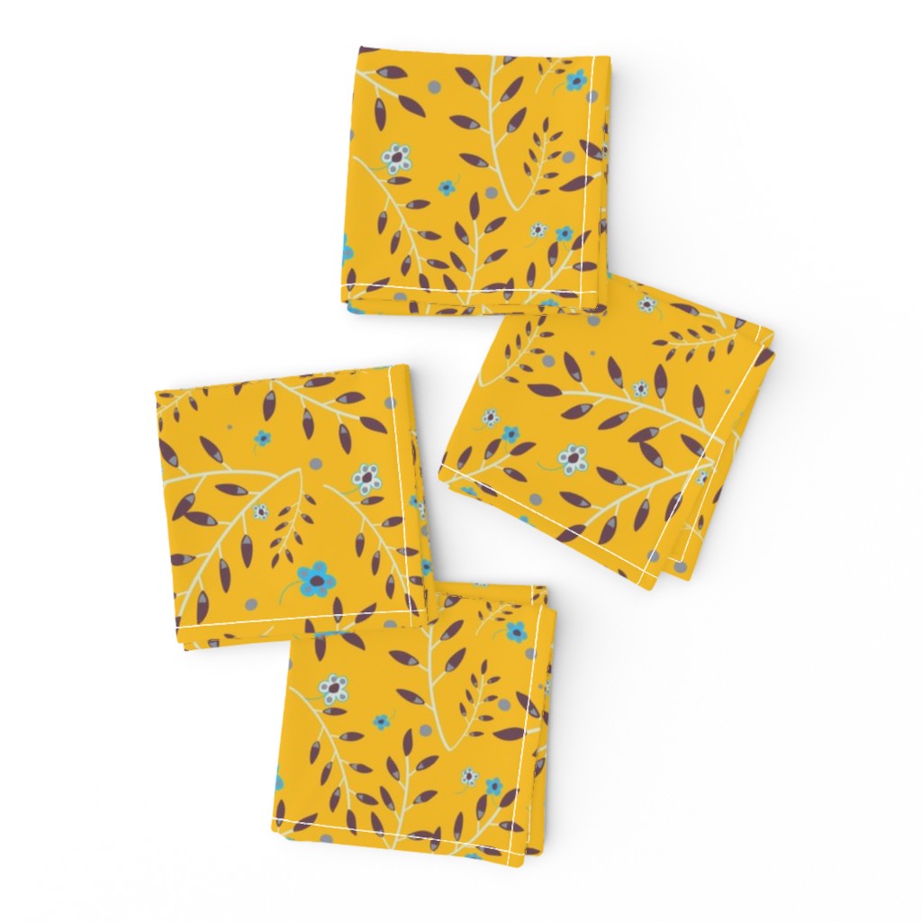 Woodland Fall with blue Floral and  brown Fronds on a Yellow Mustard backing.