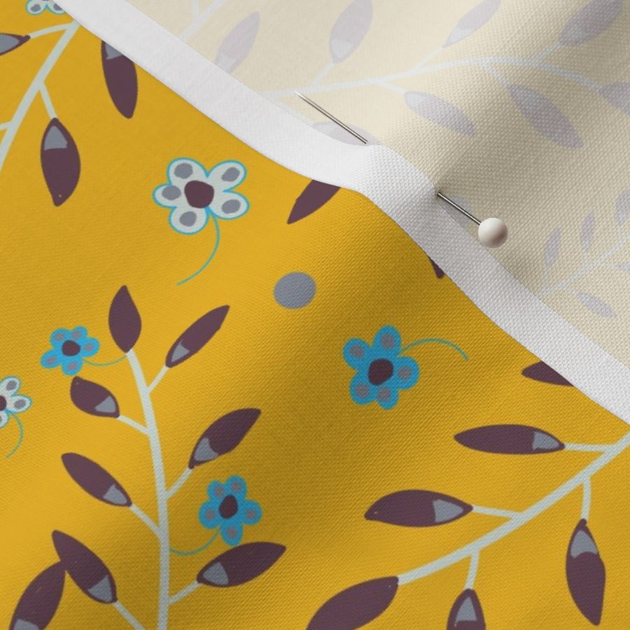 Woodland Fall with blue Floral and  brown Fronds on a Yellow Mustard backing.