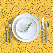 Woodland Fall with blue Floral and  brown Fronds on a Yellow Mustard backing.