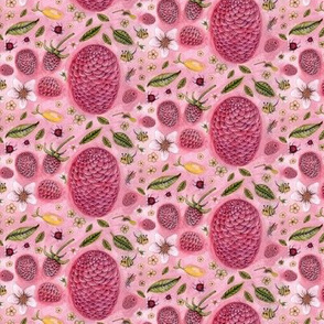 a lemon, some raspberries, and a few bugs, small scale, pink raspberry rose red green 