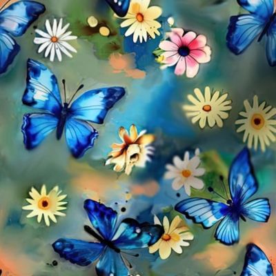 Blue watercolor butterflies