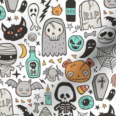 Halloween Doodle Skulls,Spiders,Skeleton,Bat, Ghost,Web, Zombies on White
