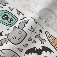 Halloween Doodle Skulls,Spiders,Skeleton,Bat, Ghost,Web, Zombies on White