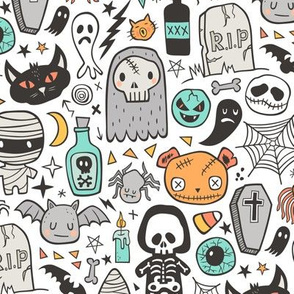 Halloween Doodle Skulls,Spiders,Skeleton,Bat, Ghost,Web, Zombies on White