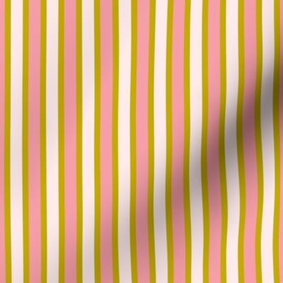 Sweet Shop Vertical Stripes (#2) - Narrow Antique Gold Ribbons with Misty Pink and Carnation Pink