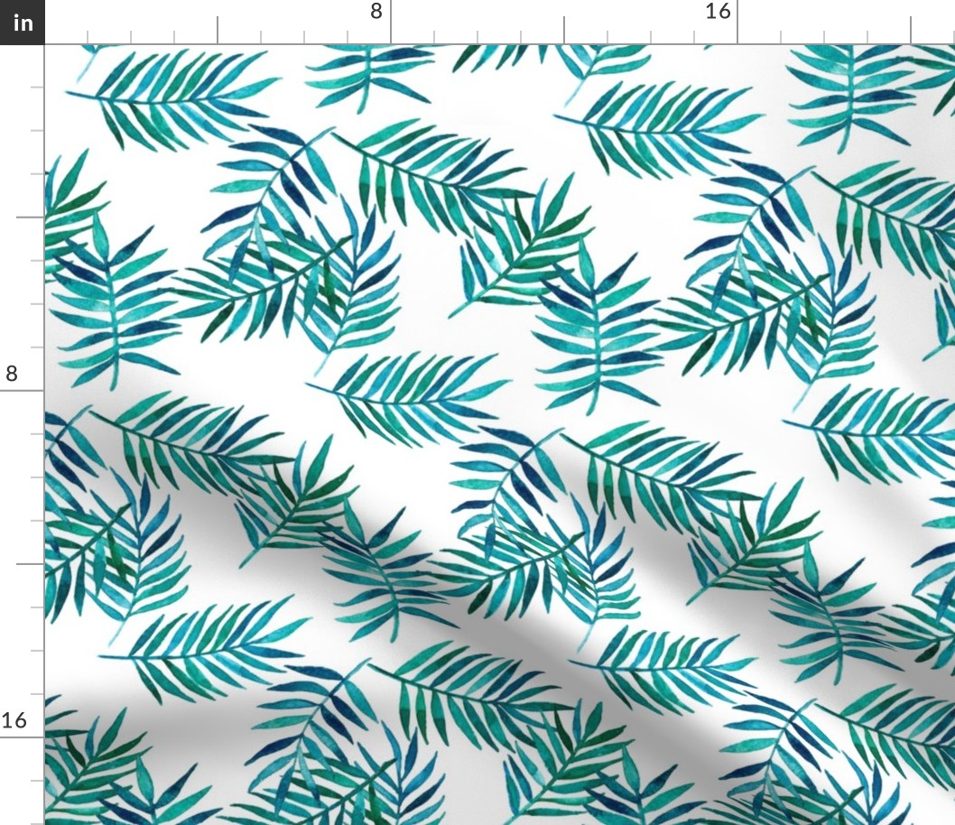 Paradise Palm Leaves - green, navy, teal on white