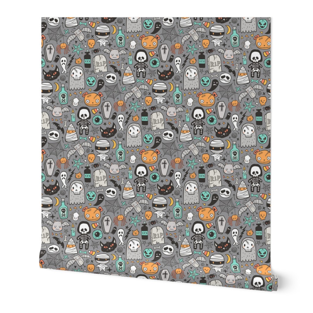 Halloween Doodle Skulls,Spiders,Skeleton,Bat, Ghost,Web, Zombies on Dark Grey