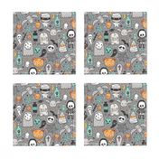 Halloween Doodle Skulls,Spiders,Skeleton,Bat, Ghost,Web, Zombies on Dark Grey