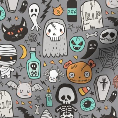 Halloween Doodle Skulls,Spiders,Skeleton,Bat, Ghost,Web, Zombies on Dark Grey