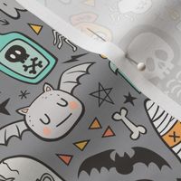 Halloween Doodle Skulls,Spiders,Skeleton,Bat, Ghost,Web, Zombies on Dark Grey