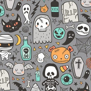 Halloween Doodle Skulls,Spiders,Skeleton,Bat, Ghost,Web, Zombies on Dark Grey