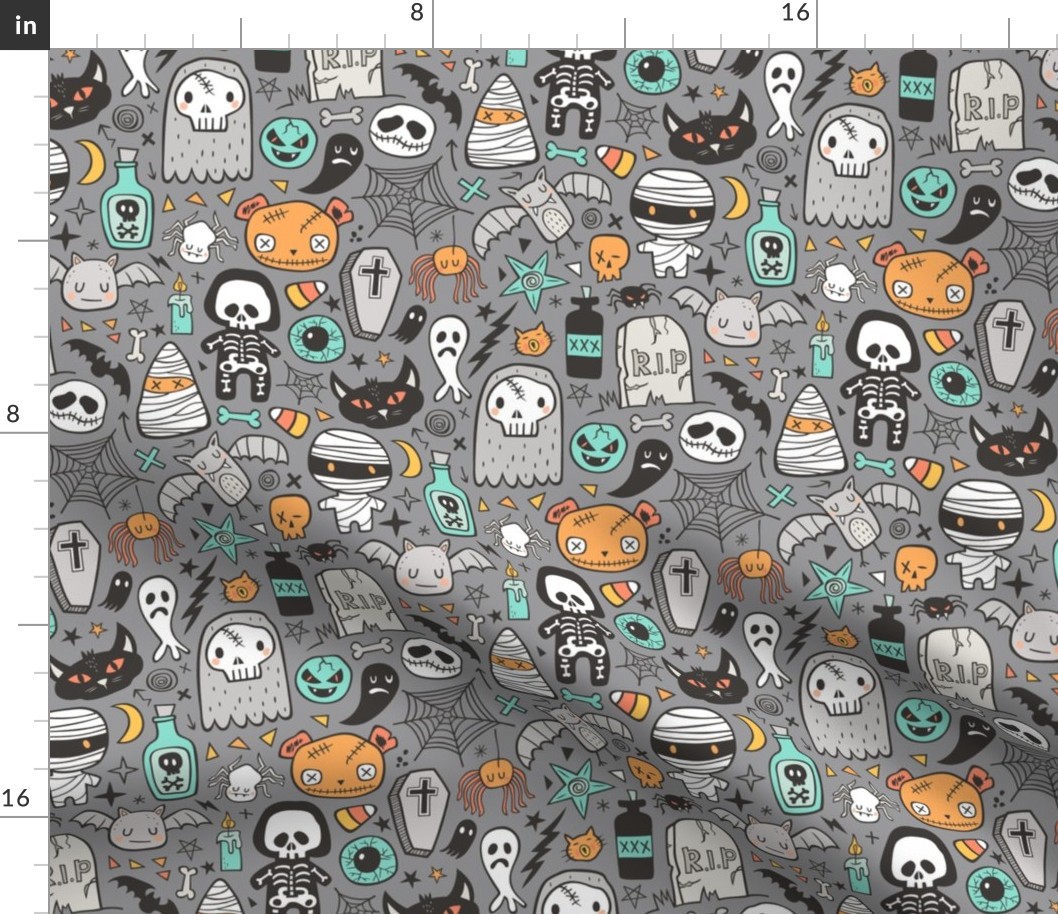 Halloween Doodle Skulls,Spiders,Skeleton,Bat, Ghost,Web, Zombies on Dark Grey