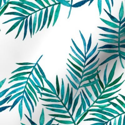 Paradise Palm Leaves 2 - green, navy, teal on white