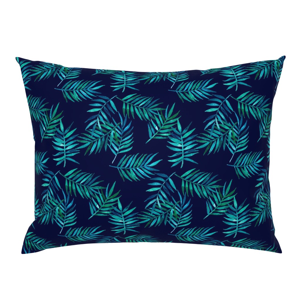 Paradise Palm Leaves - green, blue, teal on navy
