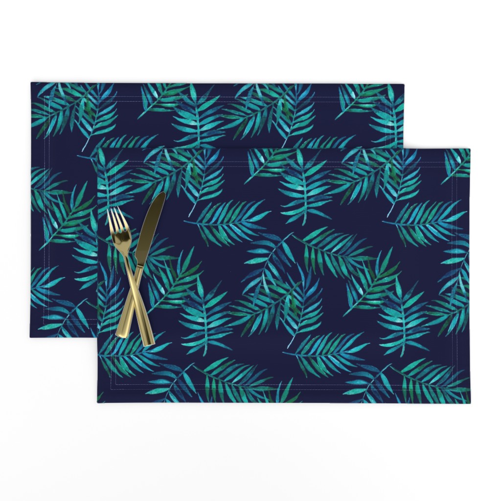 Paradise Palm Leaves - green, blue, teal on navy