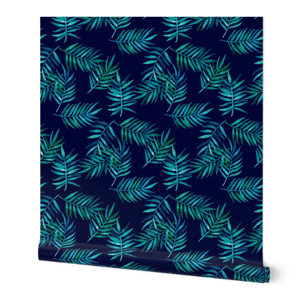 Paradise Palm Leaves - green, blue, teal on navy