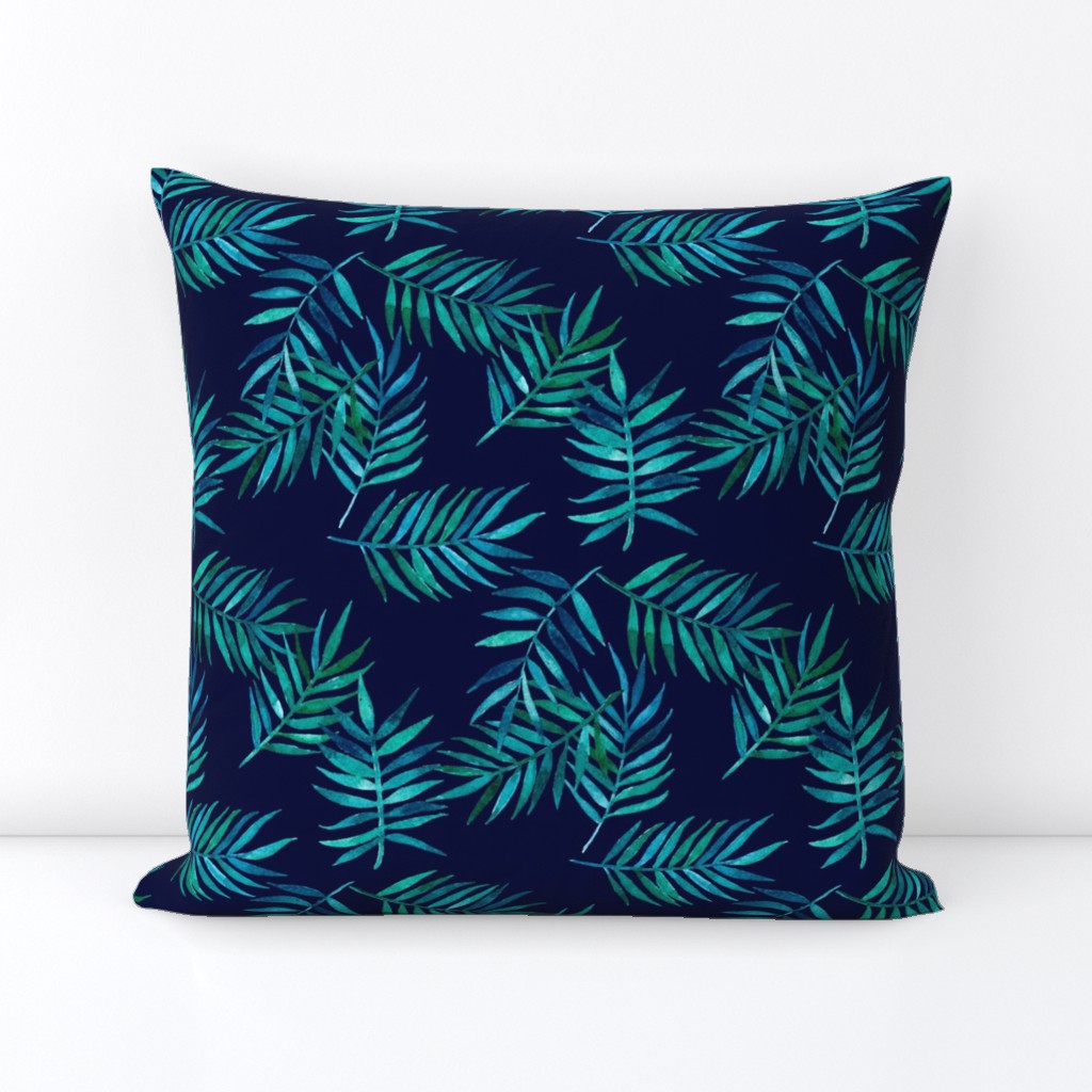 Paradise Palm Leaves - green, blue, teal on navy