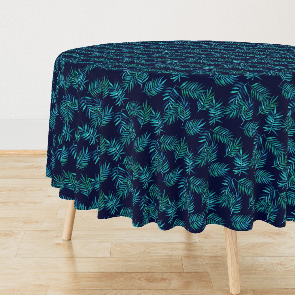 Paradise Palm Leaves - green, blue, teal on navy