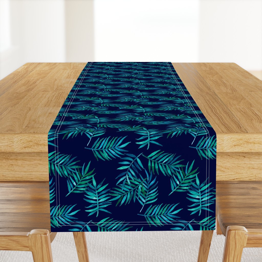 Paradise Palm Leaves - green, blue, teal on navy