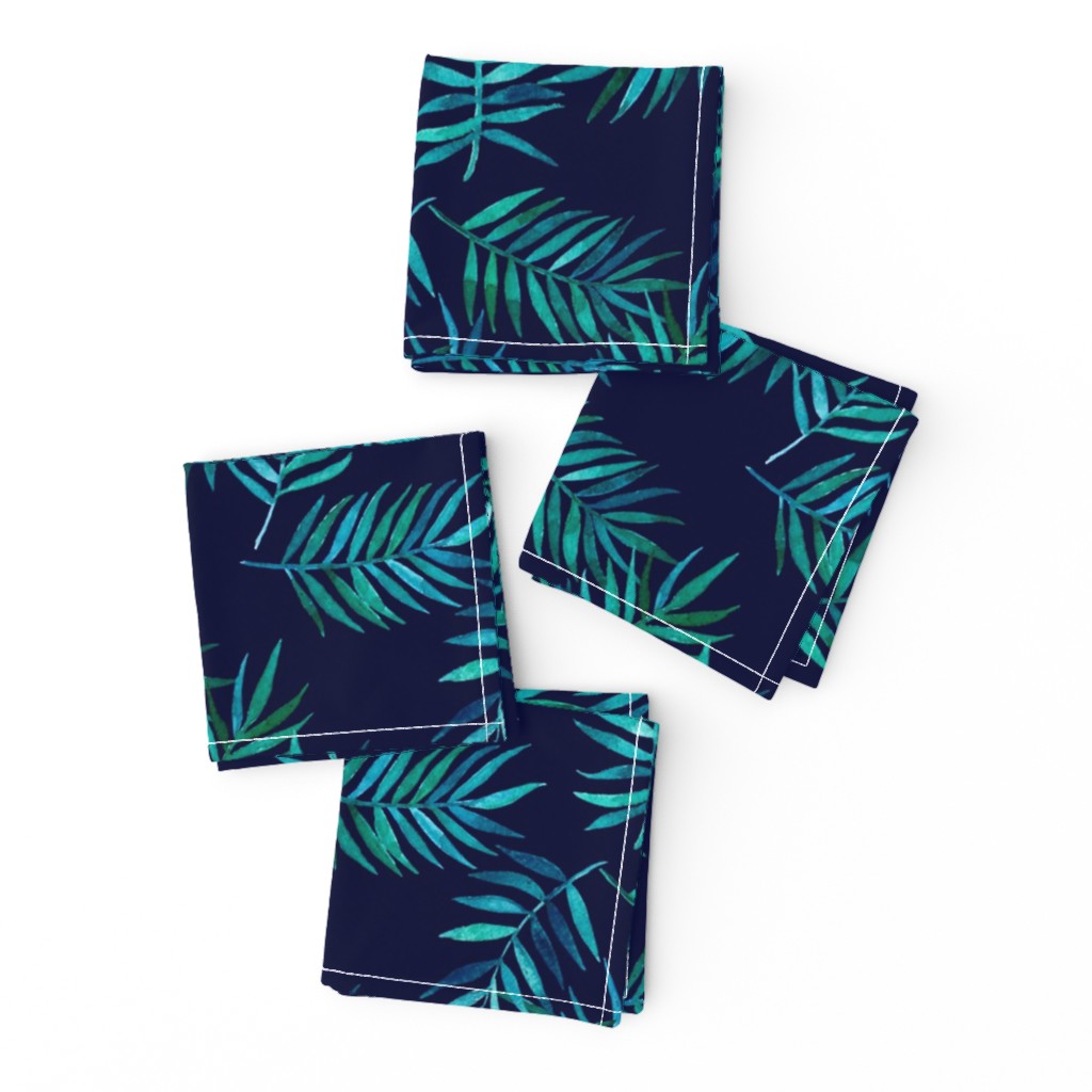 Paradise Palm Leaves - green, blue, teal on navy