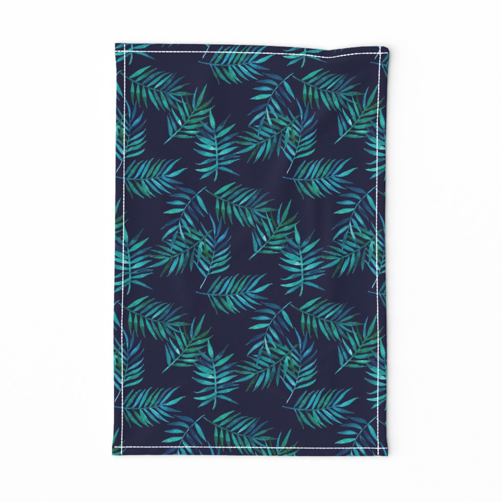 Paradise Palm Leaves - green, blue, teal on navy