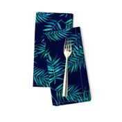 Paradise Palm Leaves - green, blue, teal on navy