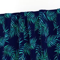 Paradise Palm Leaves - green, blue, teal on navy