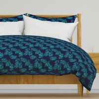 Paradise Palm Leaves - green, blue, teal on navy