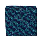 Paradise Palm Leaves - green, blue, teal on navy