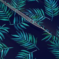 Paradise Palm Leaves - green, blue, teal on navy