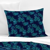 Paradise Palm Leaves - green, blue, teal on navy