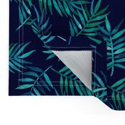 Paradise Palm Leaves - green, blue, teal on navy