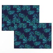 Paradise Palm Leaves - green, blue, teal on navy