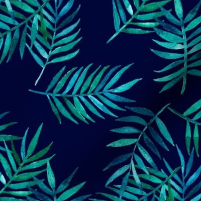 Paradise Palm Leaves - green, blue, teal on navy