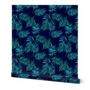 Paradise Palm Leaves - green, blue, teal on navy