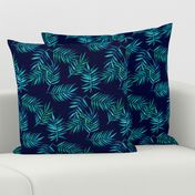 Paradise Palm Leaves - green, blue, teal on navy