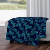 Paradise Palm Leaves - green, blue, teal on navy