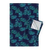 Paradise Palm Leaves - green, blue, teal on navy