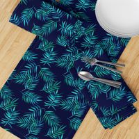 Paradise Palm Leaves - green, blue, teal on navy