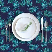 Paradise Palm Leaves - green, blue, teal on navy