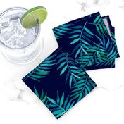 Paradise Palm Leaves - green, blue, teal on navy