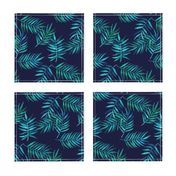 Paradise Palm Leaves - green, blue, teal on navy