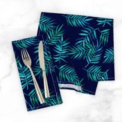 Paradise Palm Leaves - green, blue, teal on navy