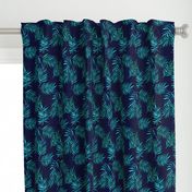 Paradise Palm Leaves - green, blue, teal on navy