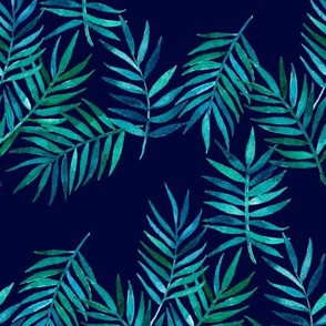 Paradise Palm Leaves 2 - green, blue, teal on navy