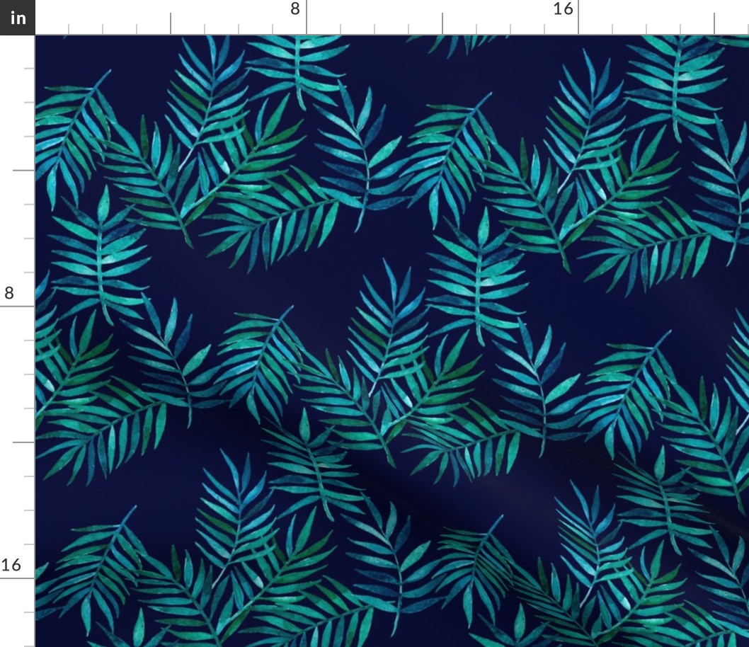 Paradise Palm Leaves 2 - green, blue, teal on navy