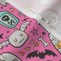 Halloween Doodle Skulls,Spiders,Skeleton,Bat, Ghost,Web, Zombies on Pink