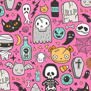 Halloween Doodle Skulls,Spiders,Skeleton,Bat, Ghost,Web, Zombies on Pink